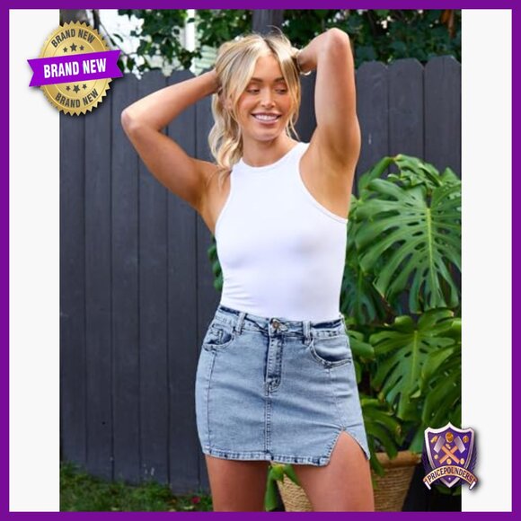 High Waisted Denim Skort with Side Split and Built-in Shorts - Picture 2 of 7